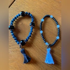 Blue and Black Beaded Bracelets with Tassels
